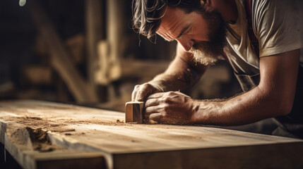 Close-Up of Carpenter Working on Piece of Wood