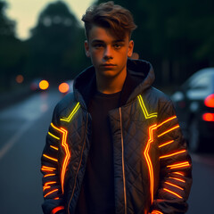 Un jeune homme de face qui porte une veste lumineuse en ville le soir