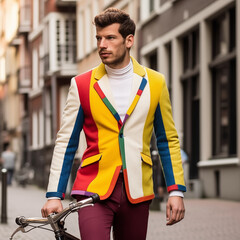 A man walking in a street with colored jacket yellow red, orange, green