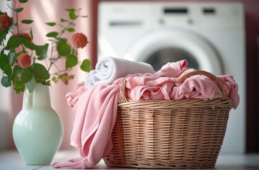 Fototapeta na wymiar a laundry machine next to a wicker basket