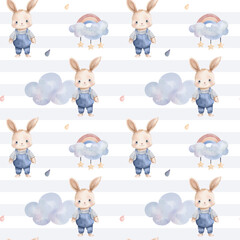 Seamless pattern with watercolor rabbit, rainbows clouds. Cute childish print. Springtime background in pastel colors