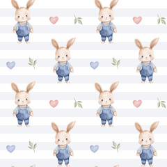 Seamless pattern with watercolor rabbit and hearts. Cute childish print. Springtime background in pastel colors