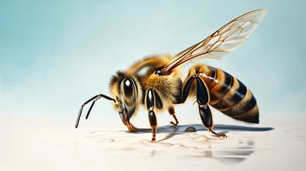 Zelfklevend Fotobehang Closeup of honey bee on blue cotton. Illustration. © Anas