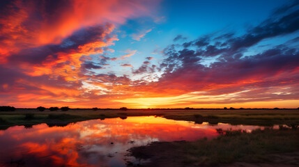 Fototapeta na wymiar sunset over the lake,, A colorful sunset over a lake with a colorful sky and clouds