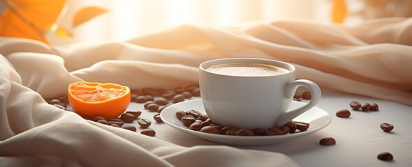 a cup of coffee is shown on a table next to a bed and coffee beans