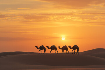 AI generated illustration of camels in the desert