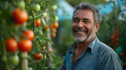 Naklejka na ściany i meble A handsome gardener stands smiling and looking at the camera near a bush with tomatoes