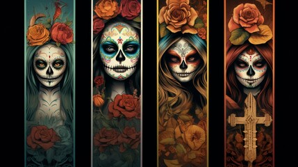 four bookmarks featuring skull and rose designs.