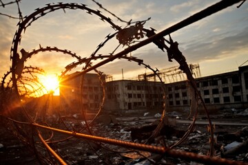 A Stark Contrast of Industrial Might and Nature's Resilience: Razor Wire Coiling Along the Perimeter of a Weathered Factory Against a Setting Sun - obrazy, fototapety, plakaty