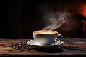 Fototapeta premium Coffee ambiance Cup with steam on wooden table, dark background