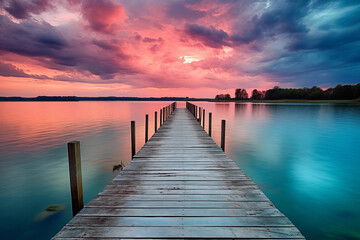 A wooden pier stretching into a large, dark lake at sunset. This evocative image captures the tranquil beauty of nature at dusk, inviting viewers to contemplate the serenity of the moment - obrazy, fototapety, plakaty