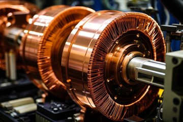 Close-up shot of an electric motor core, surrounded by intricate copper windings and industrial machinery in a bustling manufacturing plant