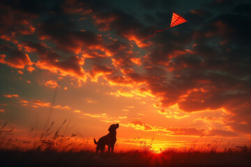 dog with a kite, dog at sunset, sunset, kite at sunset, red kite, flying kite