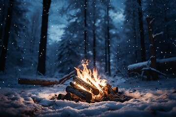 Winter warmth Bonfire in snowy forest with falling snowflakes