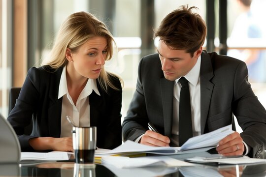 Business people work together, sitting at a desk in the office with documents, discussing, planning and analyzing data