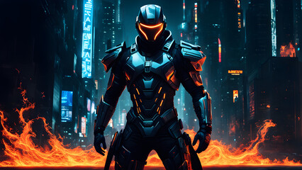 cyberpunk art of a man clad in a futuristic suit juxtaposed against raging flames envisioned  - obrazy, fototapety, plakaty