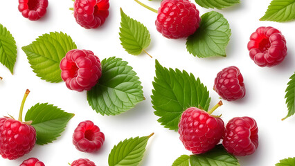 falling raspberry and leaves on isolated on white background. raspberries on white background - obrazy, fototapety, plakaty