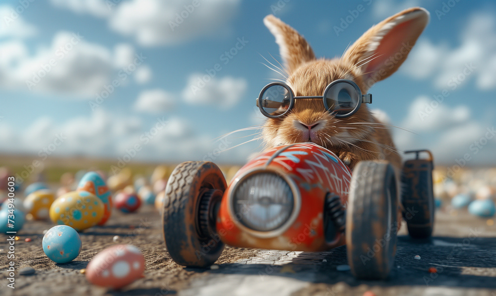 Wall mural easter bunny with goggles in a racing red car, easter funny concept - Wall murals