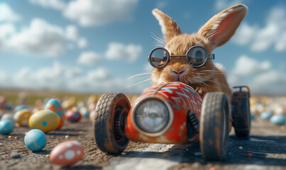 Easter bunny with goggles in a racing red car, easter funny concept