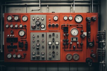 An intricate boiler control panel with numerous buttons, switches, and dials, set against the backdrop of a bustling industrial environment