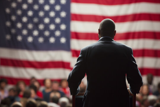 AI Generated Image Back view on male presidential candidate on at the meeting with people USA election concept