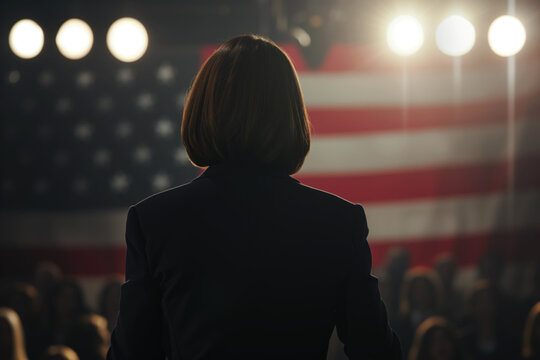 AI Generated Image Back view on female presidential candidate on at the meeting with people USA election concept