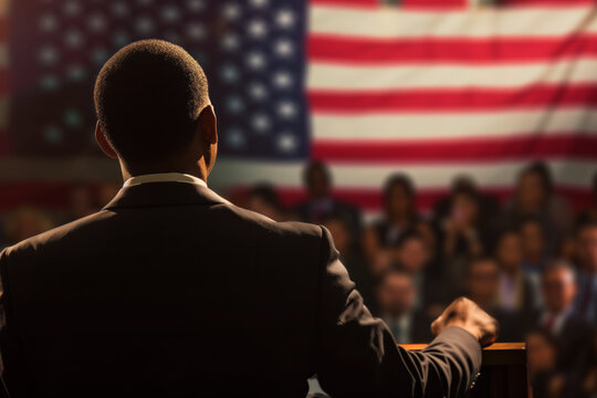 AI Generated Image Back view on male presidential candidate on at the meeting with people USA election concept