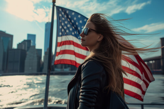 AI Generated Image Beautiful woman next to the American flag against the city