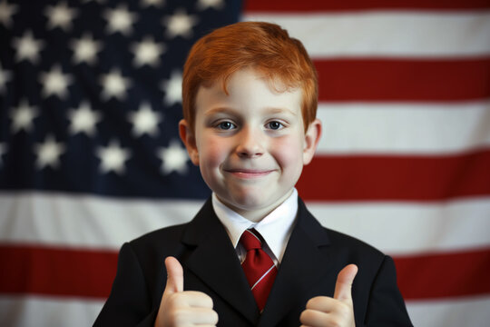 AI Generated Image Smart adorable redhead boy in a suit and tie thumbing up against American flag USA election concept