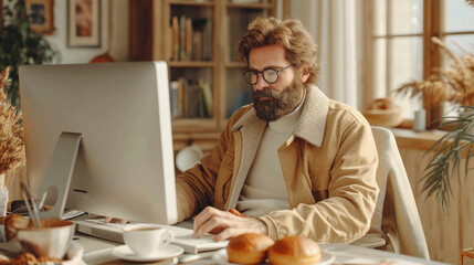 Portrait of a man working at home on a computer. The concept of a freelancer