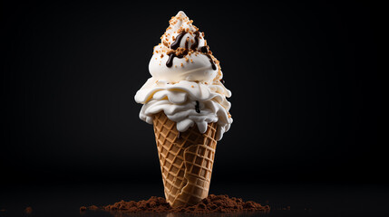 ice cream in a waffle cone on a black background