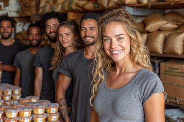 Smiling team of workers in a sustainable food shop Generative AI image