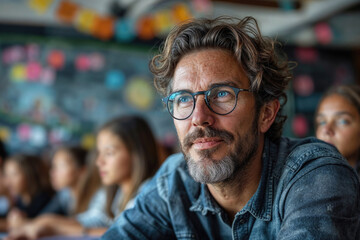 Thoughtful man in a classroom setting with students Generative AI image