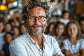 Mature man with glasses smiling in crowded room Generative AI image