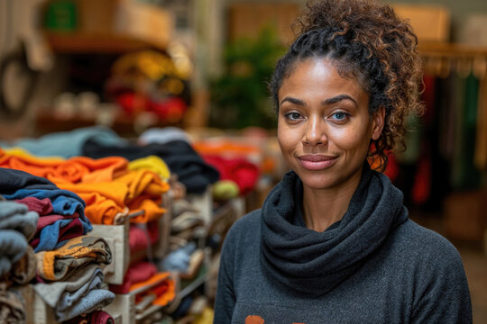 Confident woman smiles in sustainable clothing shop Generative AI image