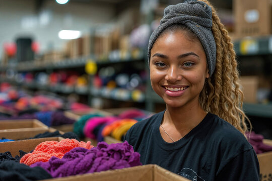 Woman Sorting Woolen Products in a Textile Warehouse Generative AI image