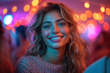 Smiling woman enjoying a festive atmosphere Generative AI image