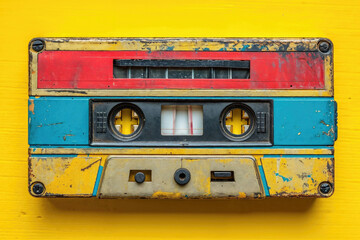 Vintage cassette tape on a yellow background Generative AI image