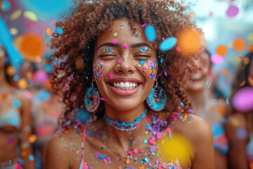 Joyful woman celebrating with colorful confetti at festival Generative AI image