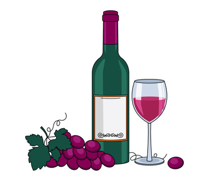 Bottle of red wine, wine in glasses and a grape. With an outline. Vector graphic.