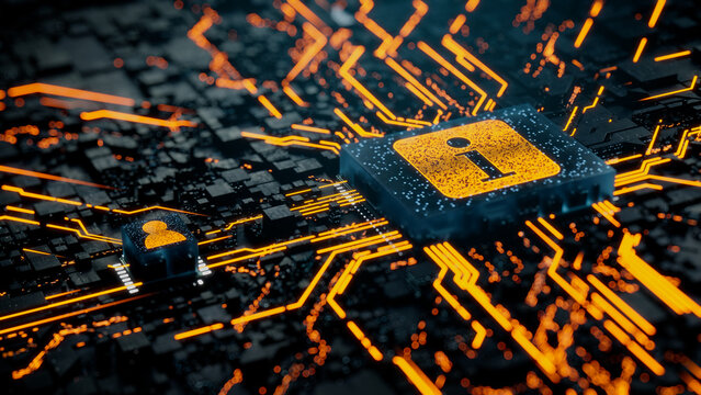 Information Technology Concept with info symbol on a Microchip. Orange Neon Data flows between the CPU and the User across a Futuristic Motherboard. 3D render.