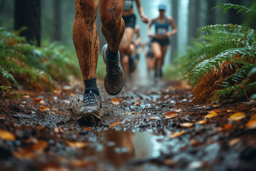 Trail runners in action during a forest race Generative AI image