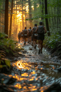 Trail runners in a forest at sunset Generative AI image