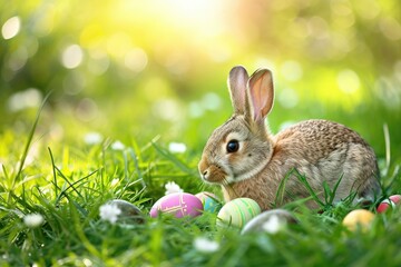 Easter bunny and easter eggs on green grass with flowers. Happy Easter Day background