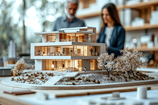 Architects reviewing a detailed house model in office Generative AI image