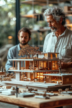 Architects discussing over model house project Generative AI image