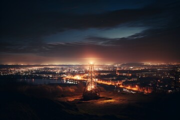 Fototapeta na wymiar A Beacon Light Illuminating the Night Sky, Casting a Warm Glow on the Industrial Landscape Below, with a Backdrop of Starlit Skies and Distant City Lights