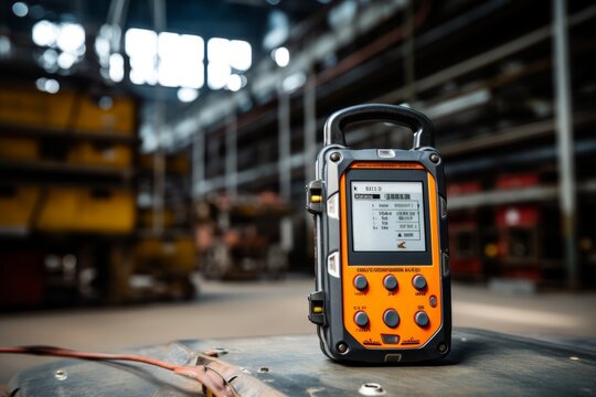 Close-up view of an Emergency Locator Transmitter (ELT) in an industrial setting, surrounded by complex machinery and a backdrop of steel structures