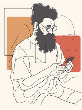Bearded Man Engrossed in Smartphone in Minimalist Style Generative AI image