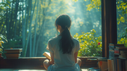 A young woman sits and reads a book on a balcony with a resort atmosphere. Quiet bamboo forest...
